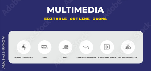 outline multimedia icons set - science conference, paid, roll. editable vector for web and mobile ui