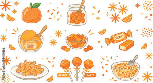 Orange Dessert Vector Set Featuring Sorbet, Candies, Marmalade, Lollipops, Creamy Sweets, and Fresh Citrus Snacks in Bright Playful Illustration Style