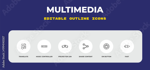 outline multimedia icons set - translate, music controller, projector len. editable vector for web and mobile ui