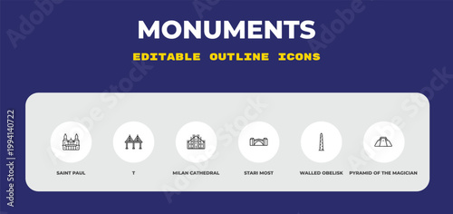 outline monuments icons set - saint paul, t, milan cathedral. editable vector for web and mobile ui