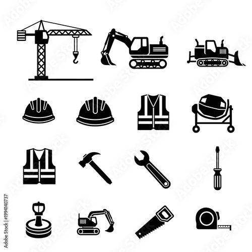 Black construction machinery and building tool silhouette icon set