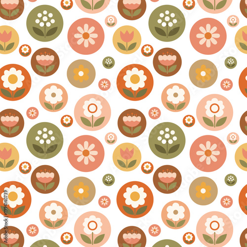 Circle Bloom Seamless Pattern Retro Floral Round Flower Mid Century Background