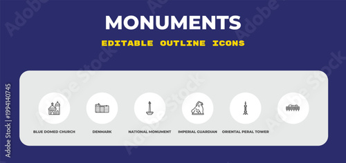 outline monuments icons set - blue domed church, denmark, national monument monas. editable vector for web and mobile ui