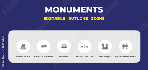 outline monuments icons set - summer palace, palace of versailles, abu simbel. editable vector for web and mobile ui
