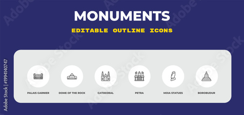outline monuments icons set - palais garnier, dome of the rock, cathedral. editable vector for web and mobile ui