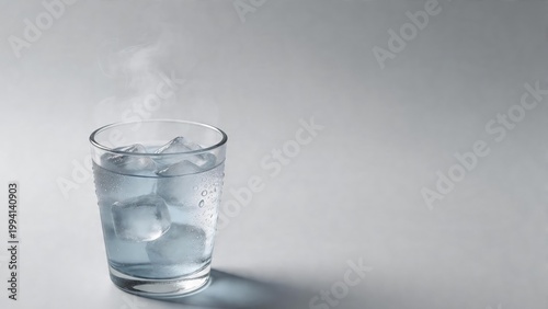 Refreshing iced water in a glass with condensation and mist