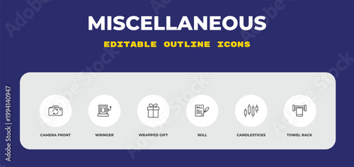 outline miscellaneous icons set - camera front, wringer, wrapped gift. editable vector for web and mobile ui