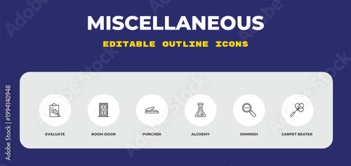 outline miscellaneous icons set - evaluate, room door, puncher. editable vector for web and mobile ui