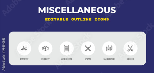 outline miscellaneous icons set - catapult, product, washboard. editable vector for web and mobile ui
