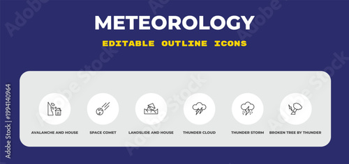 outline meteorology icons set - avalanche and house, space comet, landslide and house. editable vector for web and mobile ui