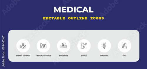 outline medical icons set - breath control, medical records, epidermis. editable vector for web and mobile ui