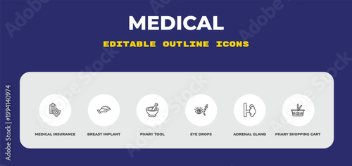 outline medical icons set - medical insurance, breast implant, phary tool. editable vector for web and mobile ui