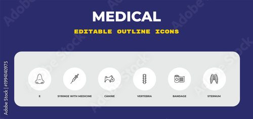 outline medical icons set - e, syringe with medicine, canine. editable vector for web and mobile ui