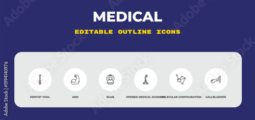 outline medical icons set - dentist tool, arm, scan. editable vector for web and mobile ui