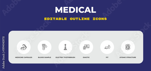 outline medical icons set - medicine capsules, blood sample, electric toothbrush. editable vector for web and mobile ui
