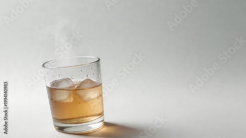 Chilled Brown Beverage with Ice Cubes and Rising Steam in a Glass
