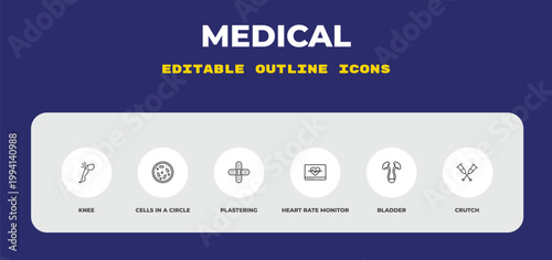 outline medical icons set - knee, cells in a circle, plastering. editable vector for web and mobile ui