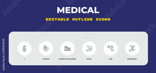 outline medical icons set - l, plasma, hospital building front. editable vector for web and mobile ui