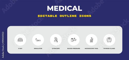outline medical icons set - x ray, inhalator, otoscope. editable vector for web and mobile ui