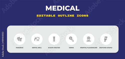 outline medical icons set - pancreas, dental drill, blood analysis. editable vector for web and mobile ui