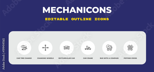 outline mechanicons icons set - car tire change, changing wheels tool, rectangular car. editable vector for web and mobile ui