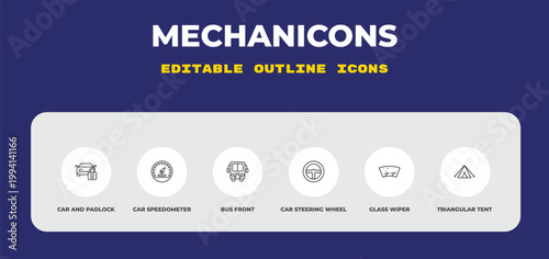 outline mechanicons icons set - car and padlock, car speedometer, bus front. editable vector for web and mobile ui