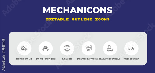 outline mechanicons icons set - electric car and plug, car and headphones, car wheel. editable vector for web and mobile ui
