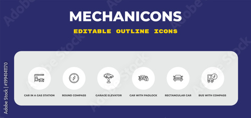 outline mechanicons icons set - car in a gas station, round compass, garage elevator. editable vector for web and mobile ui