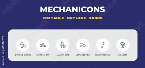 outline mechanicons icons set - changing car tire, red cross car, car with euro. editable vector for web and mobile ui