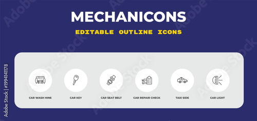 outline mechanicons icons set - car wash hine, car key, car seat belt. editable vector for web and mobile ui