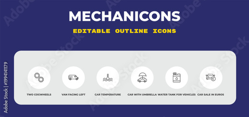 outline mechanicons icons set - two cogwheels, van facing left, car temperature. editable vector for web and mobile ui