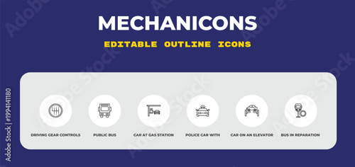 outline mechanicons icons set - driving gear controls, public bus, car at gas station. editable vector for web and mobile ui
