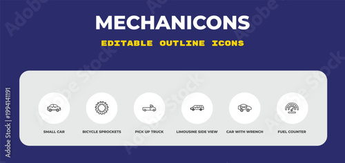 outline mechanicons icons set - small car, bicycle sprockets, pick up truck. editable vector for web and mobile ui