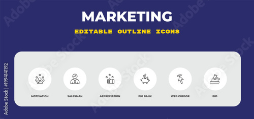 outline marketing icons set - motivation, salesman, appreciation. editable vector for web and mobile ui