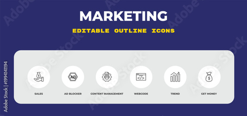 outline marketing icons set - sales, ad blocker, content management. editable vector for web and mobile ui