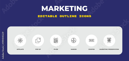 outline marketing icons set - affiliate, pop up, flyer. editable vector for web and mobile ui