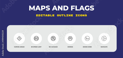 outline maps and flags icons set - curves ahead, 80 speed limit, no luggage. editable vector for web and mobile ui