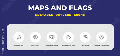 outline maps and flags icons set - use dust bin, maps mark, maps and flags. editable vector for web and mobile ui