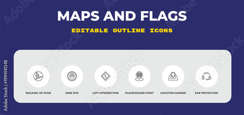 outline maps and flags icons set - walking up stair, mine site, left intersection. editable vector for web and mobile ui