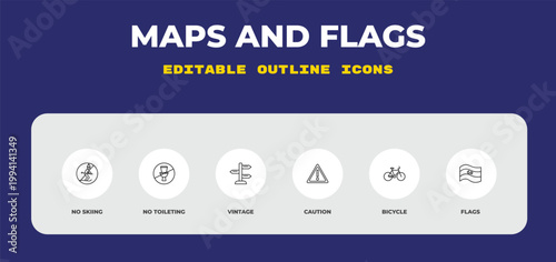 outline maps and flags icons set - no skiing, no toileting, vintage. editable vector for web and mobile ui