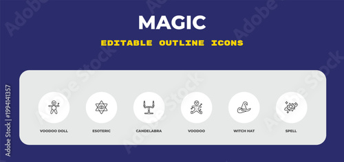 outline magic icons set - voodoo doll, esoteric, candelabra. editable vector for web and mobile ui