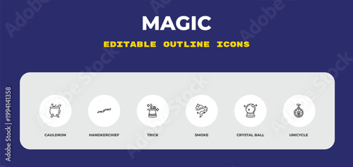 outline magic icons set - cauldron, handkerchief, trick. editable vector for web and mobile ui