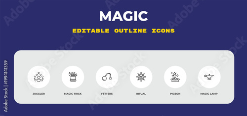 outline magic icons set - juggler, magic trick, fetters. editable vector for web and mobile ui