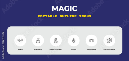 outline magic icons set - runes, acrobatic, magic assistant. editable vector for web and mobile ui