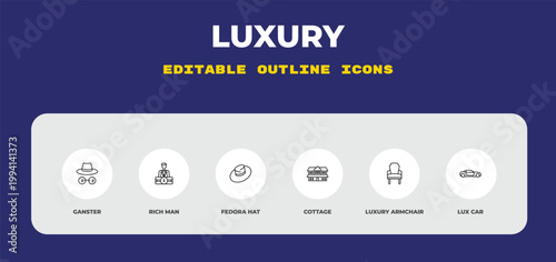 outline luxury icons set - ganster, rich man, fedora hat. editable vector for web and mobile ui