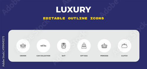 outline luxury icons set - crown, car collection, suit. editable vector for web and mobile ui