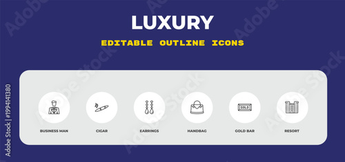 outline luxury icons set - business man, cigar, earrings. editable vector for web and mobile ui