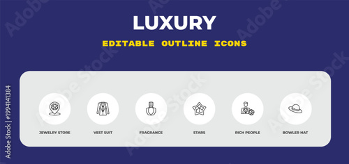 outline luxury icons set - jewelry store, vest suit, fragrance. editable vector for web and mobile ui
