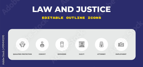 outline law and justice icons set - qualified protection, convict, recorder. editable vector for web and mobile ui