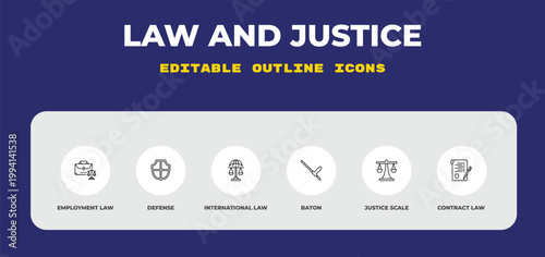 outline law and justice icons set - employment law, defense, international law. editable vector for web and mobile ui